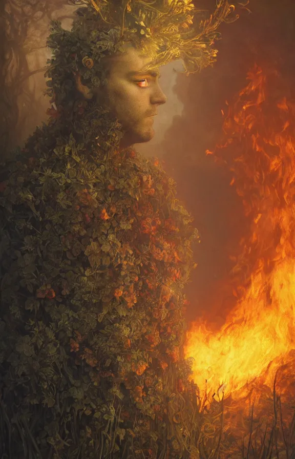 Image similar to portrait of a knight among flowers in dark forest, surrounded by fire and smoke, moody, rim light, dynamic lighting, cinematic shot, gritty, ultra - detail, renderman, physically based render, jean delville, gustave dore and marco mazzoni