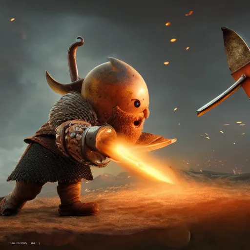 Image similar to viking battle toast, a slice of toasted bread with a face, arms and legs, holding a sword, cute, pixar, volumetric lighting, dynamic composition, fantasy, hyper detailed, ultra realistic, sharp focus, octane render, concept art by ruan jia and heng z and artem