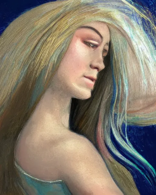 Image similar to portrait woman with the hair as an northern light, fine details