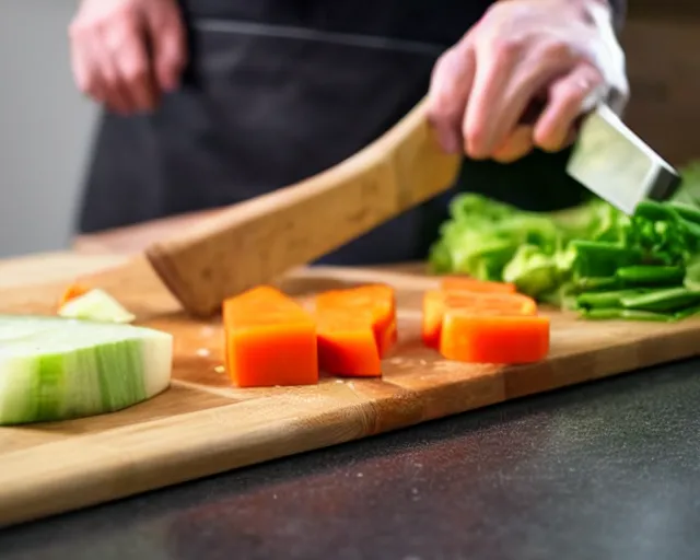 Image similar to 9 0 degrees fov, first person point of view of me chopping vegetables on a chopping board