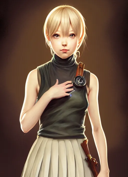 Image similar to portrait of a full body of beautiful young female detective, d & d, sleeveless turtleneck, pleated skirt, fantasy, flat lighting, intricate, highly detailed, digital painting, artstation, concept art, smooth, sharp focus, illustration, misa amane, art by simon bisley and greg rutkowski and alphonse mucha, natural tpose