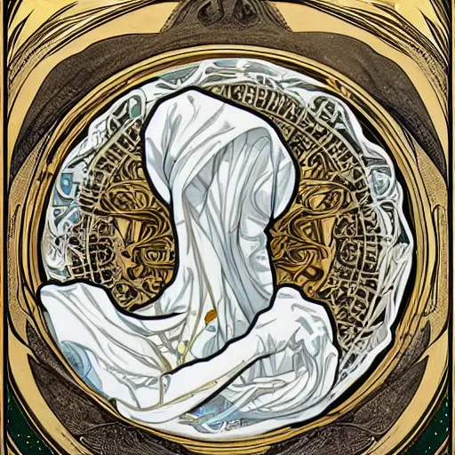 Image similar to angelarium, cthulhu, illithid, art nouveau, white marble and gold, alphonso mucha