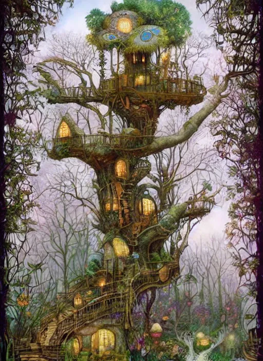 Prompt: huge whimsical fantasy treehouse, lush forest, secret garden by Daniel Merriam