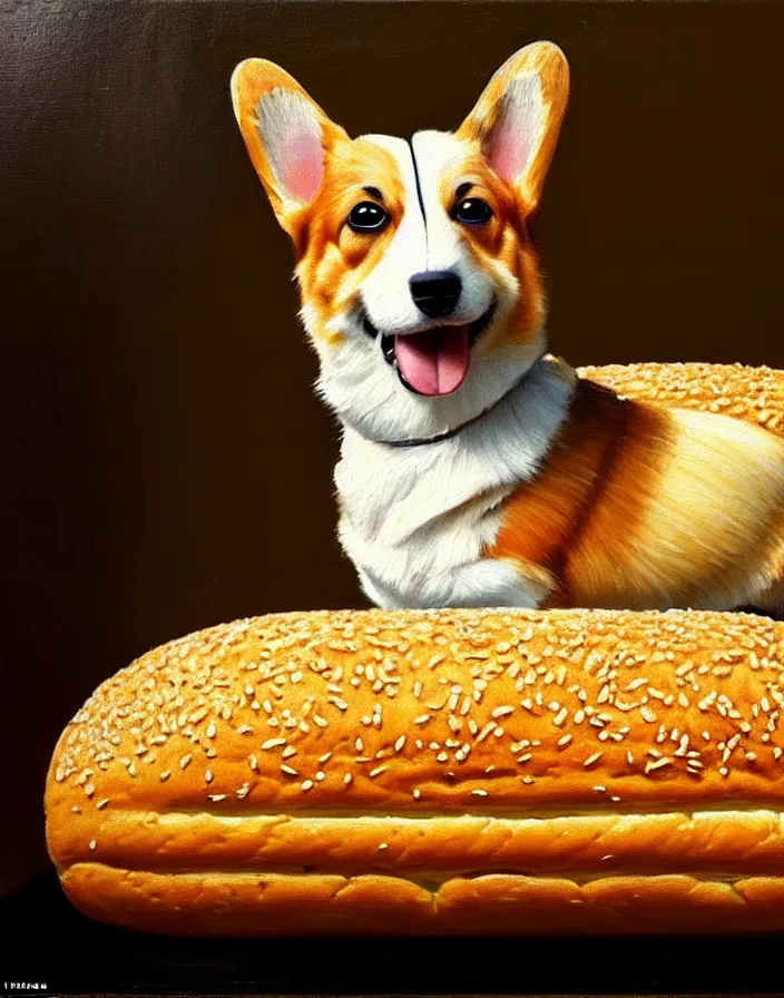 Image similar to a royal portrait of a corgi as a loaf of bread, oil on canvas, highly detailed, cinematic lighting, pretty