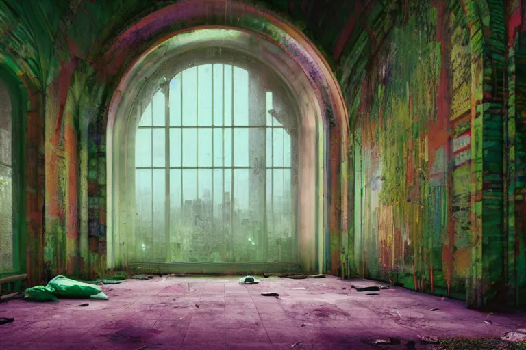 Prompt: abandoned 9 0 s monastery interior with large organic circular windows, rain like a dream, oil painting, cinematic, dramatic, volumetric lighting, cyberpunk, basquiat + francis bacon + gustav klimt + beeple, elevated street art, fantasy lut, textural, pink, blue, purple, green,