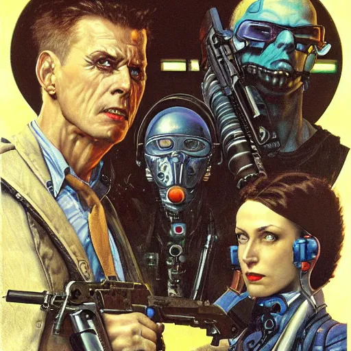 Image similar to portrait of three cyberpunk hired guns, by gerald brom and norman rockwell