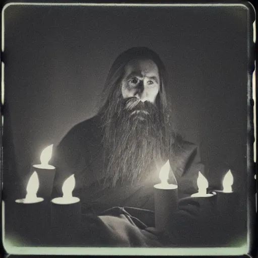 Image similar to trail _ camera _ photo _ of _ a _ breaton monks looking like rasputin with lit candles _ realistic _ spooky _ grimdark _ night _ black _ and _ white, polaroid