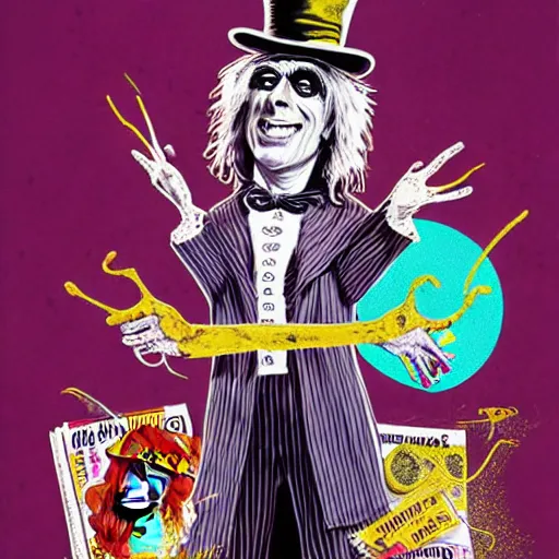 Image similar to graphic illustration, creative design, willy wonka as alice cooper, biopunk, francis bacon, highly detailed, hunter s thompson, concept art