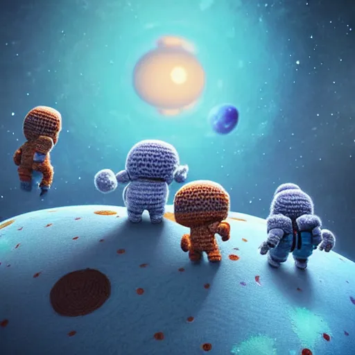 Image similar to an expedition of crochet astronauts discovering a new fluffy planet made out of yarn. cute, illustration, digital art, inspired by little big planet, by greg rutkowski, detailed, sharp, masterpiece, highly detailed, photorealistic, octane render, 8 k, unreal engine 5, trending on artstation