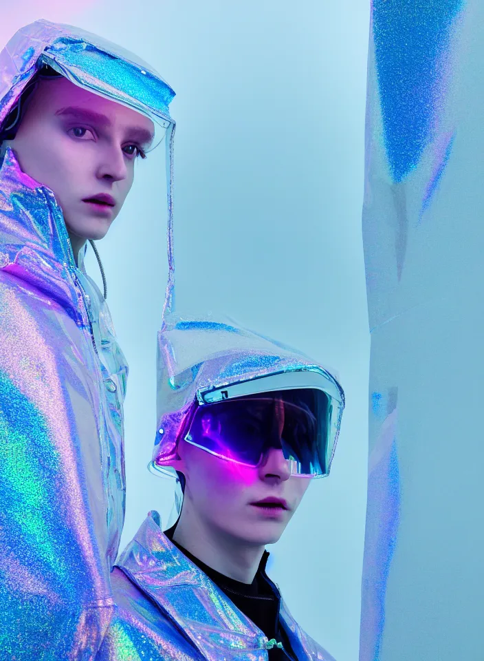 Prompt: an ultra high definition professional studio quality photograph of an artificially intelligent cyberpunk art influencer wearing a transparent iridescent pastel coloured visor and matching wavey raincoat on white coat hook in a sheer icelandic black rock environment. three point light. dramatic lighting. volumetric shadows. light rays