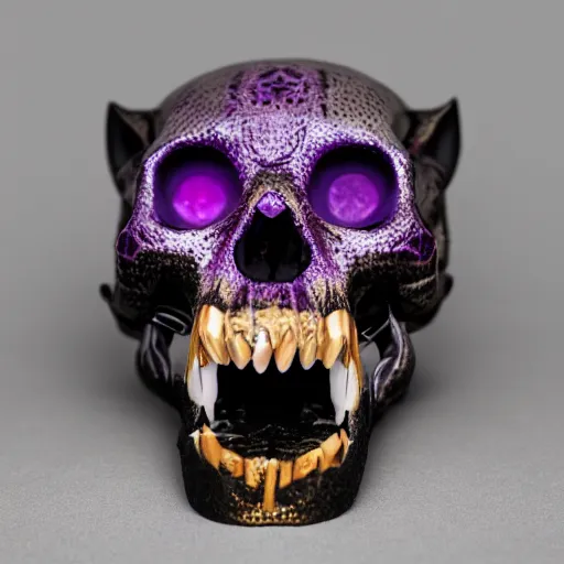 Image similar to opened mouth panther skull with gold teeth and gems inlaid skull, matte black, rose gold, amethyst, high coloration, ambient lightning, ultra wide lens, focused, highly detailed, 8 k