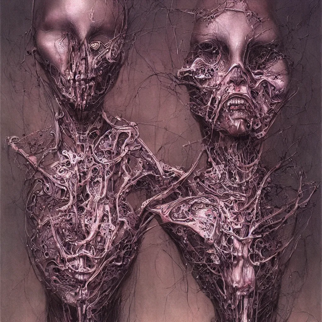 Image similar to portrait of biomechanical woman by wayne barlowe and zdislaw beksinski