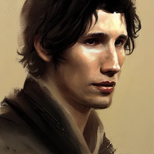 Image similar to portrait of a man by greg rutkowski, ben solo, messy black hair, tall and slender, star wars expanded universe, he is about 3 0 years old, wearing a flying jacket, friendly and trustworthy, highly detailed portrait, digital painting, artstation, concept art, smooth, sharp foccus ilustration, artstation hq