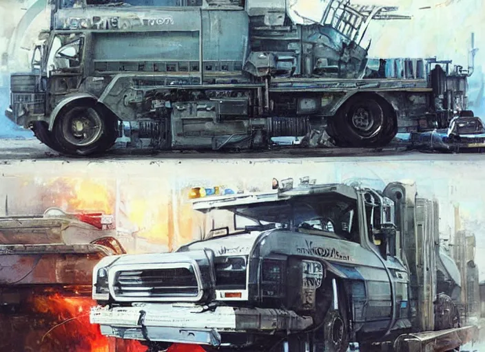 Prompt: ( ( ( ( ( garbage truck, industrial car concept art, sci - fi illustration, painting ) ) ) ) ) by vincent di fate and john berkey!!!!!!!