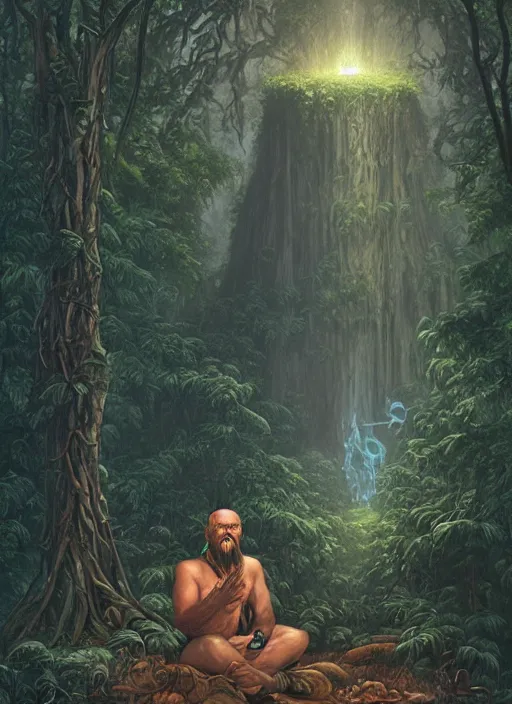 Image similar to a shaman sitting in the jungle, a tree behind him with a giant face of an old man in the trunk, hyper detailed, high contrast, art by christophe vacher