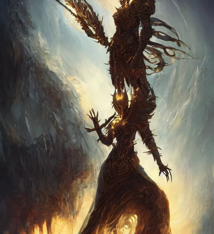 Prompt: full body shot + illustration of a goddess, dark souls colour scheme, establishing shot, coherent, high detailed, kerem beyit, Karol Bak, featured on artstation