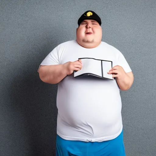 Image similar to very obese man with a t-shirt and a cap with the letter P, writing on a book