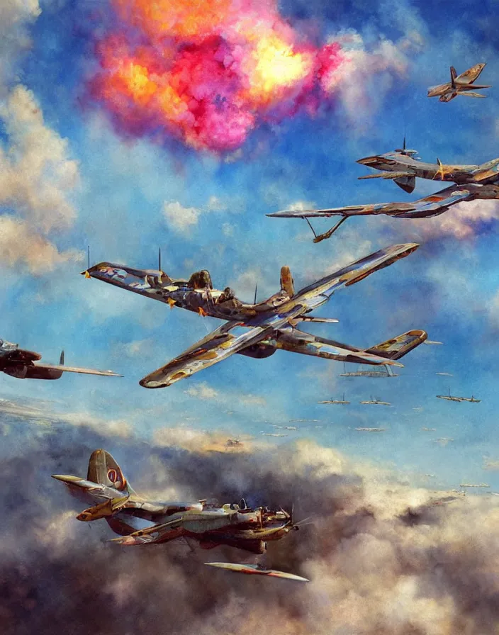 Prompt: Concept art of random World War I plane fights, blue sky with beautiful cluds and explosions, boixcar style, matte painting, vaporwave vaporwave vaporwave watercolor cover art with warm and vibrant colors, volumetric light, oil on canvas art by Donato Giancola, award-winning masterpiece with incredible and beautiful details digital art, trending on artstation, smooth, 4K