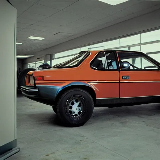 Prompt: 1979 Jeep BMW M1, inside of an auto dealership, ektachrome photograph, volumetric lighting, f8 aperture, cinematic Eastman 5384 film