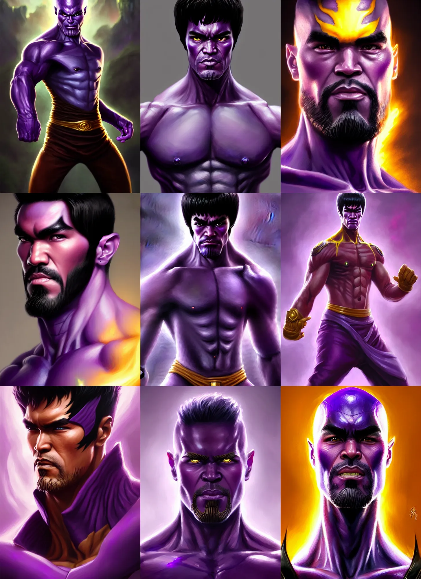 Prompt: a fantasy style portrait painting a character if bruce lee and thanos had a son, purple skin, powerful chin, thanos style traits, painting, unreal 5, daz., rpg, portrait, extremely detailed, artgerm greg rutkowski _ greg