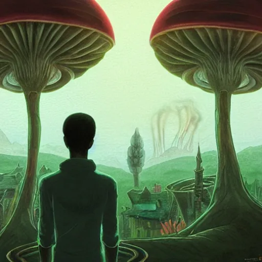 Image similar to A centered chest up portrait of a psychedelic demonic anthropomorphic snake smoking a hand-rolled cigarette smoking heavily , magic mushroom village in background , award winning. superb resolution. in the art style of junji Ito and greg rutkowski . Detailed Mushroom city in background. Hyper realistic anime. Perfect art. Dalle2