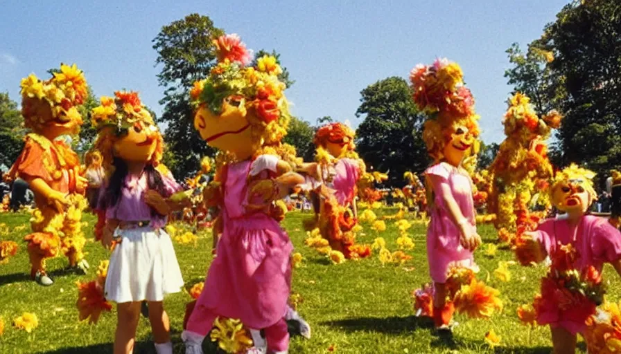 Image similar to 1990s candid photo of a beautiful day at the park, cinematic lighting, cinematic look, golden hour, large personified costumed flower people in the background, Enormous flower people mascots with friendly faces, kids talking to flower people, UHD