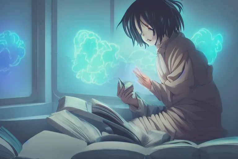 Image similar to an anime wizard reading a book on a cloud relaxing, misty, glows, digital art, hazy, foggy, ambient lighting, 8 k, neon, synthwave,