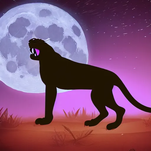 Prompt: a panther roaring at the moon in a forest during the night, large moon in the center. artistic. illustration. 4 k. cinematic. photoreal. dark colors. night.