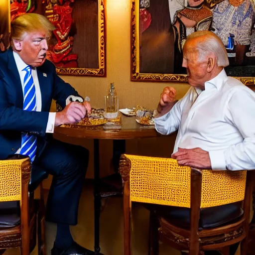 Image similar to Trump and Biden having dinner at a fancy Balinese restaurant, award winning photography, 85mm, perfect faces