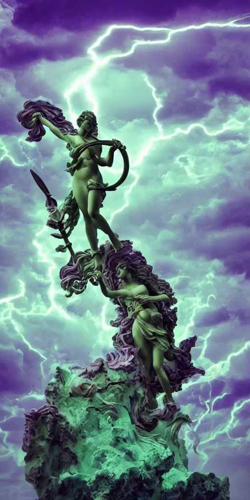 Prompt: gigantic marble statue of the goddess of the sea wielding a trident on an island. roiling waves at the base. scene lit by lightning. thunderclouds in the background. fantasy setting. magicians praying to the statue. purples and greens. fantasy aesthetic. extremely detailed. 4 k. digital art.