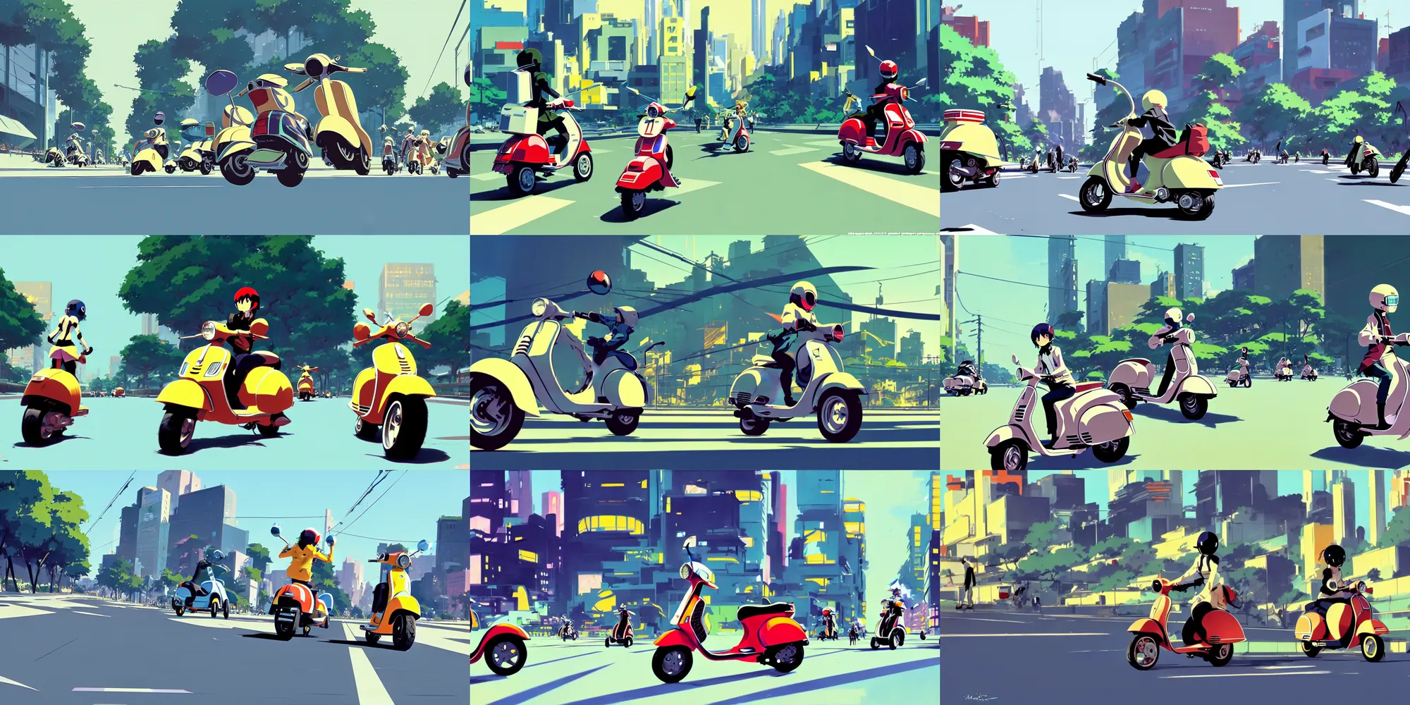 Prompt: vespa action shot racing through the city of trees flcl by makoto shinkai concept art by syd mead