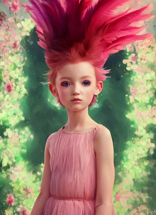 Prompt: beautiful little girl with an pink eccentric haircut wearing an dress made of feathers dancing on stage, artwork made by ilya kuvshinov, inspired in donato giancola, hd, ultra realistic, reflection, flowers, light, realistic face, bird tattoo, trending on pixiv, 8 k, ray tracing, glorious