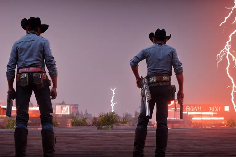 Prompt: photo from behind of a cowboy, carrying a gun, on a futuristic shopping mall, cinematic lightning, ray tracing, unreal engine 5, photorealistic, 8 k, uhd, 4 k, red dead redemption 3 game concept, extremely detailed, beautiful, elegant, intricate, foggy, in - game footage