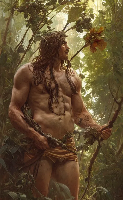 Image similar to god of the forest, 3 0 years old, rugged, male, gorgeous, detailed face, amazing, full body, flowers, muscular, intricate, highly detailed, digital painting, artstation, concept art, sharp focus, illustration, art by greg rutkowski and alphonse mucha
