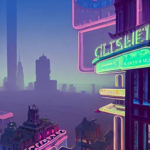 Prompt: victorian city over the clouds, octane render, unreal engine, neon signs everywhere, very nice pastel colors, lights and shadows, glowing hot sun, very coherent, Houdini algorithmic generative art, painted by Edward Hopper, Wayne Barlowe, painted by James Gilleard, airbrush, art by JamesJean