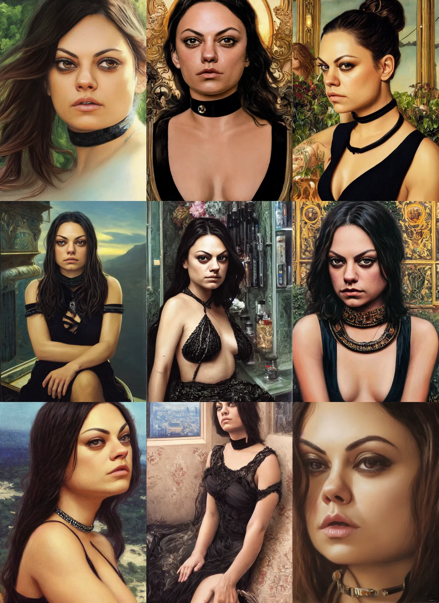 Image similar to mila kunis sitting across the camera wearing a black choker staring into the camera, point of view, expensive restaurant, intricate, elegance, highly detailed, shallow depth of field, artgerm, donato giancola, joseph christian leyendecker