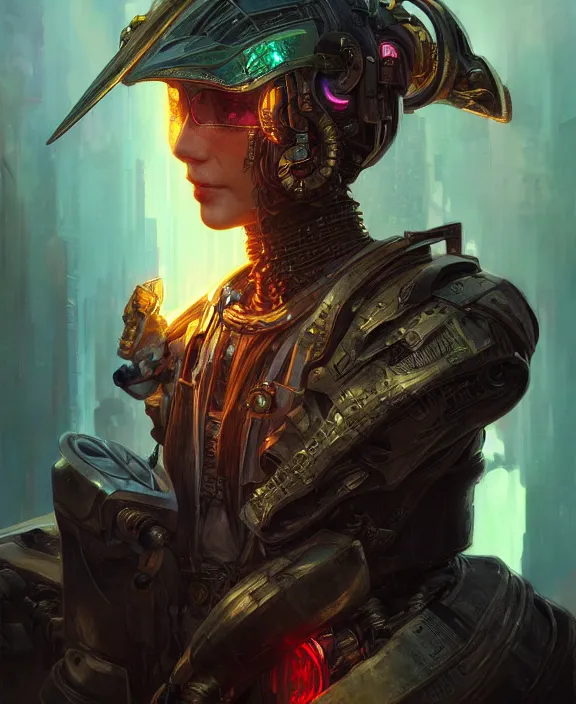 Prompt: portrait of a cyberpunk warrior, with helmet, half body, glowing eyes, d & d, fantasy, intricate, elegant, highly detailed, colorful, vivid color, digital painting, artstation, concept art, art by artgerm and greg rutkowski and alphonse mucha and ruan jia