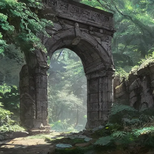 Image similar to concept art painting of an ornate ancient stone archway, in the woods, deep forest, realistic, detailed, cel shaded, in the style of makoto shinkai and greg rutkowski and james gurney