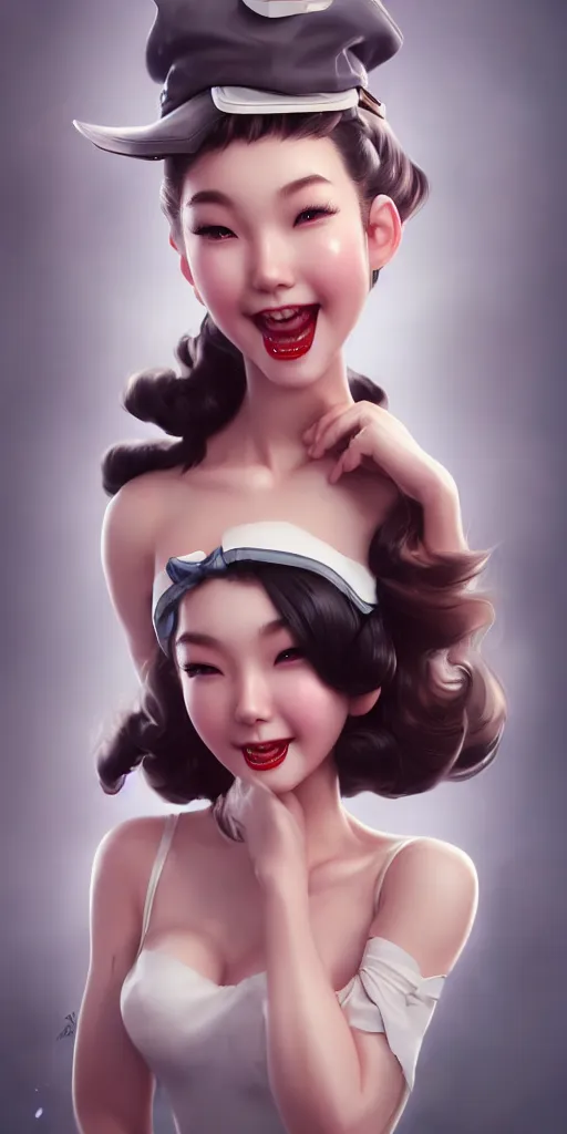 Prompt: a pin up girl, charming smile, beautiful and charming and fashion and dreamlke girl by artgerm lau, & jeehyung lee & wlop, hyperdetailed, 8 k realistic, symmetrical, frostbite 3 engine, cryengine, dof, trending on artstation, trending on deviantart