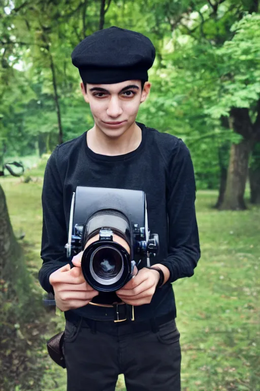 Prompt: slim teenage boy, dark curly hair, wearing a black beret hat, dark shirt black trousers, brown satchel, outside in a park, using a super 8mm camera to film a bear which is beside him