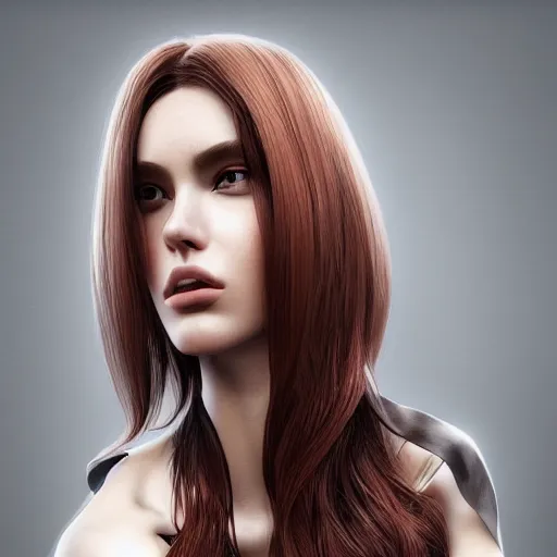 Image similar to Glamorous Runway Model, long fan blown dark reddish hair, tight bone structure, olive skin, intricate, elegant, highly detailed, hanging nose jewelry, octane render, photorealistic, smooth, depth of field blur, illustration, art by James Jean