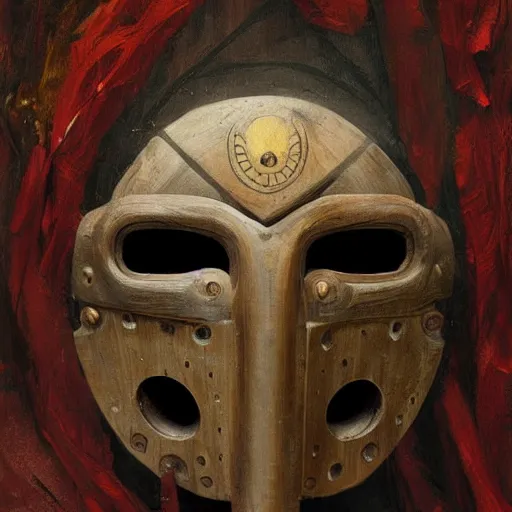 Prompt: wooden mask with four eye holes, symmetrical, oil painting, by Greg Rutkowski