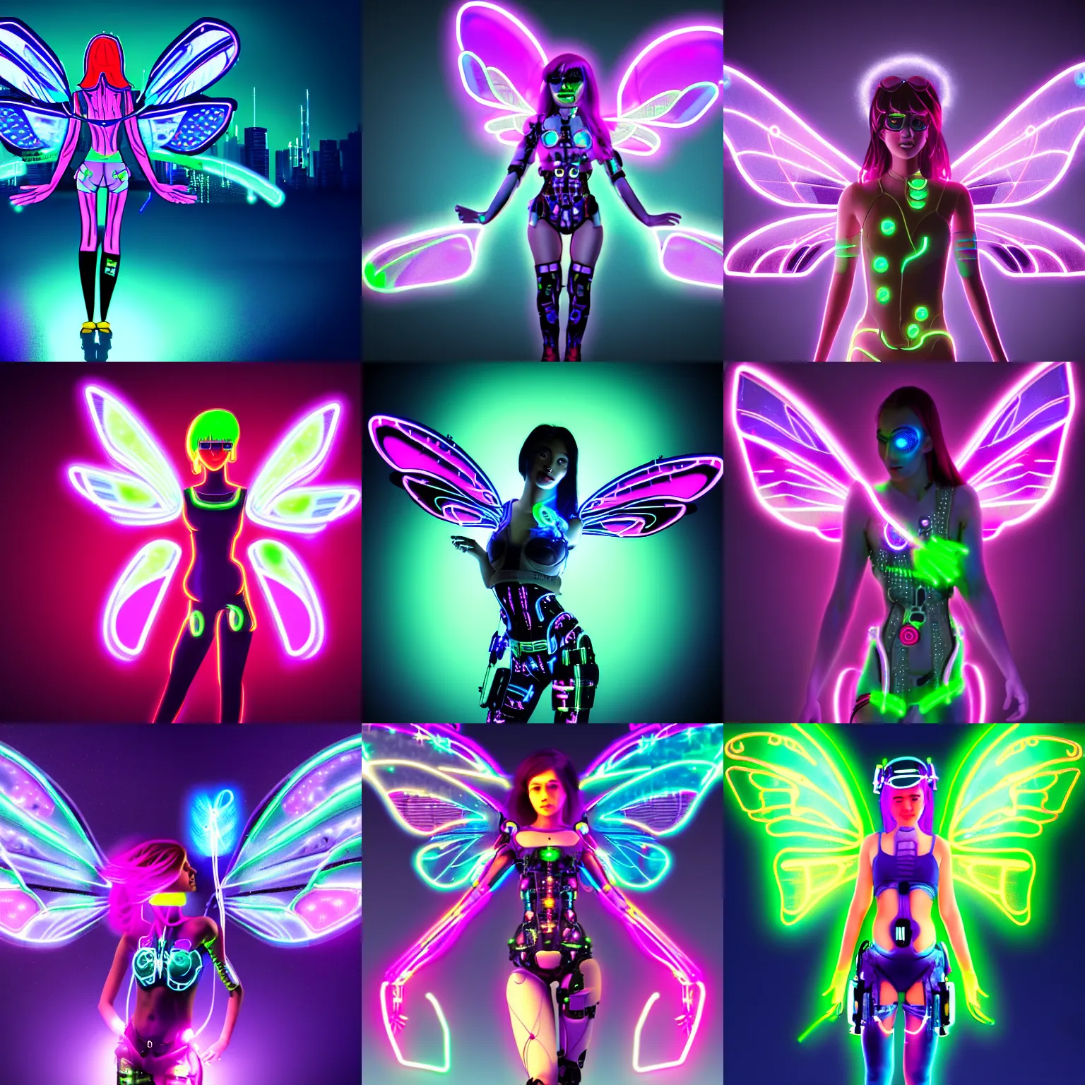 Prompt: cyborg fairy girl with neon firefly wings in a cyberpunk city