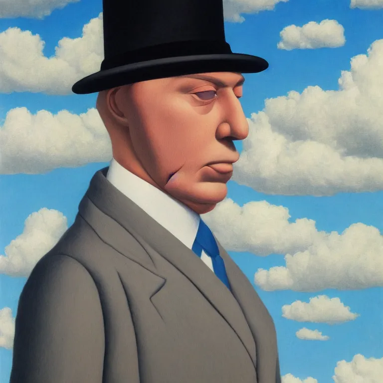 Image similar to portrait of a faceless shadow - head man in a suit, clouds in the background, by rene magritte, detailed painting, distance, middle centered, hd, hq, high resolution, high detail, 4 k, 8 k