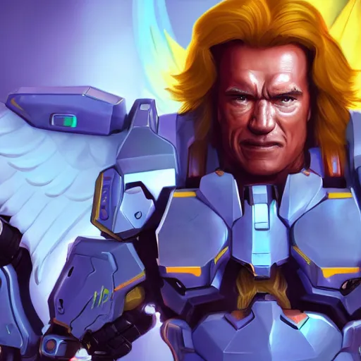 Image similar to a screenshot of arnold schwarzenegger as mercy in overwatch, angel wings, halo, portrait, fantasy, beautiful face, vivid colors, elegant, concept art, sharp focus, digital art, hyper - realistic, 4 k, unreal engine, highly detailed, hd, dramatic lighting by brom, trending on artstation