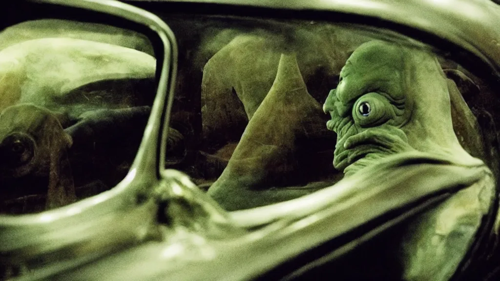 Prompt: the creature sits in a car, made of wax and metal, they look me in the eye, film still from the movie directed by Denis Villeneuve and David Cronenberg with art direction by Salvador Dalí, wide lens