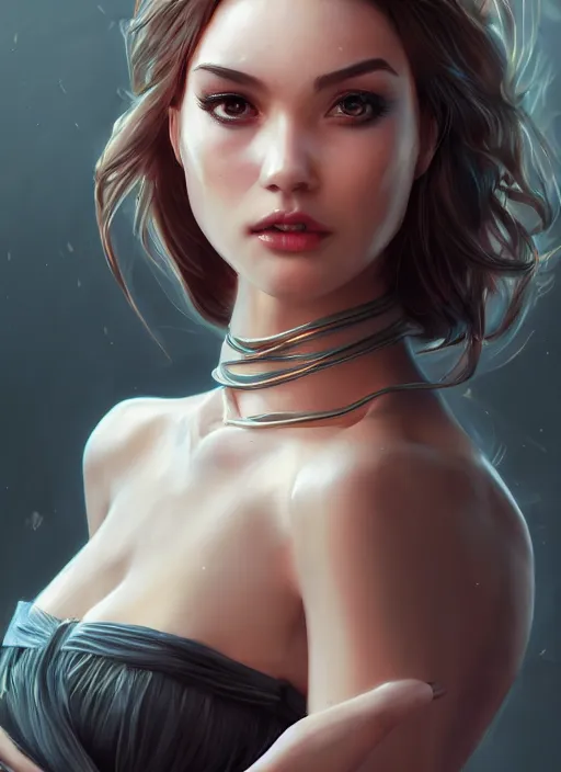 Image similar to beautiful fashion goddness, strapless dress, character portrait in the style of thomas river and artgerm, wlop, cinematic lighting, hyperdetailed, 8 k realistic, symmetrical, global illumination, radiant light, halo, love and mercy, frostbite 3 engine, cryengine, dof, trending on artstation, digital art, chanel