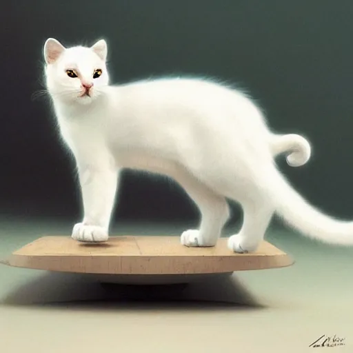 Image similar to A little white kitty sitting on a table, Graceful body structure,cute,Symmetrical face,highly detailed,elegant,Marc Simonetti and Caspar David Friedrich, Trending on artstation