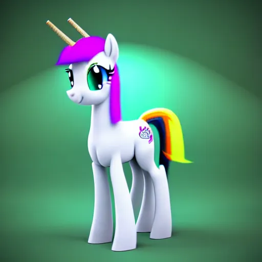 Image similar to white colored stoner pony from my little pony, marijuana themed, weed cutie mark, art, volumetric smokey background, colorful, 3 d, render, blender 3 d, soft lighting, green mane