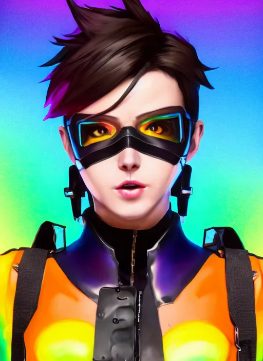 Image similar to full body overwatch style oil painting portrait of tracer overwatch, confident pose, wearing black jagged iridescent rainbow latex armor, rainbow, neon, 4 k, expressive surprised expression, makeup, wearing rainbow neon choker, studio lighting, black leather harness, expressive detailed face and eyes,